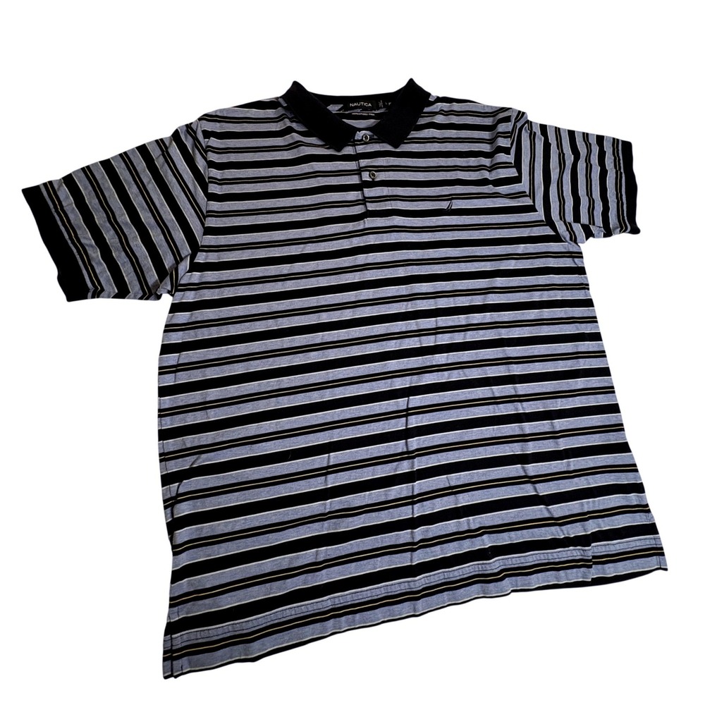 Nautica Men Lg Blue Navy Striped Mercerized Pima Cotton Polo Shirt Short Sleeve